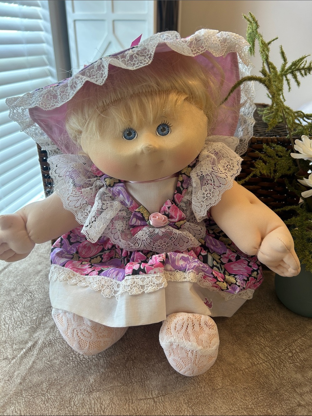 Vintage-style Cabbage Patch Kid Plush Doll in Dress w/ Pink Lace Hat